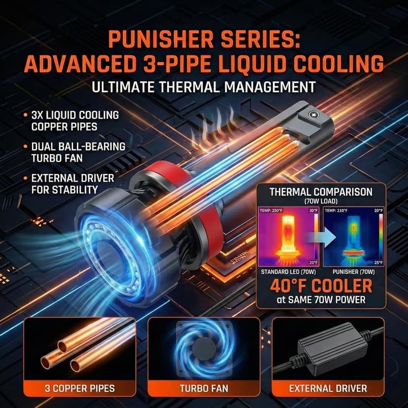 LUXSTER Punisher H7 LED Bulbs, 60000LM Ultra Bright, Triple Copper Pipes Cooling Tech(Unique), Plug-N-Play Installation, 6000K Pure White, IP68 Waterproof, Pack of 2