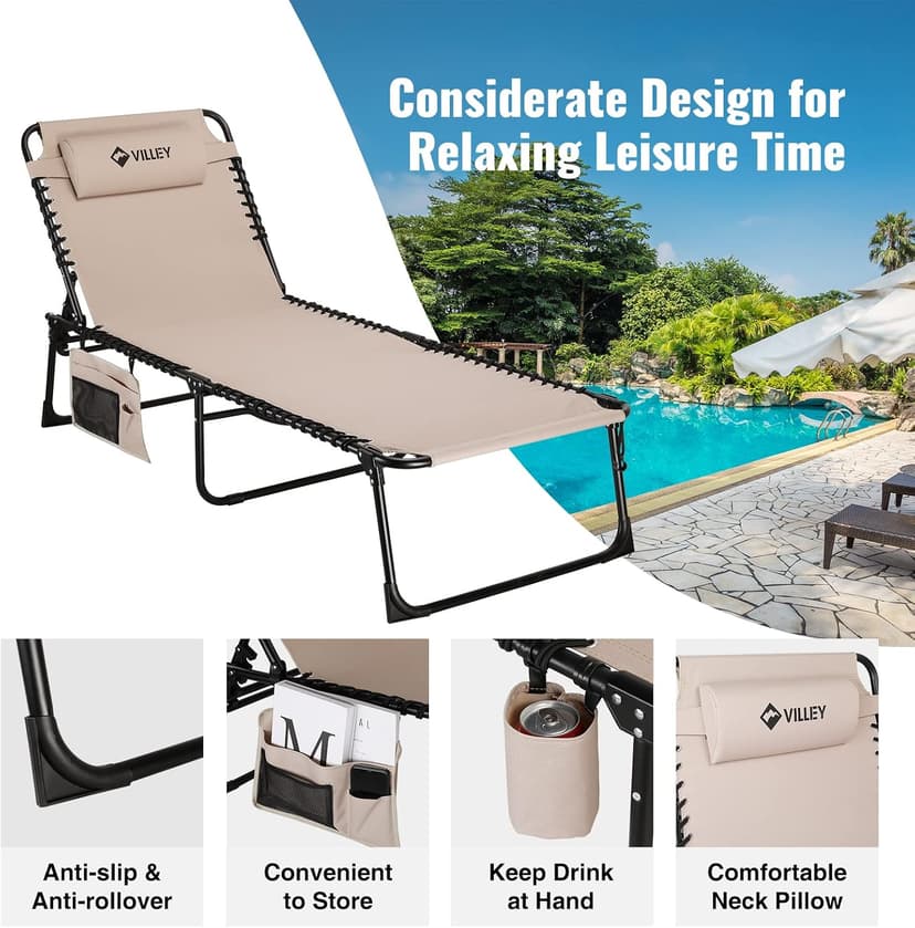 VILLEY Oversized Chaise Lounge Chair, Heavy-Duty Folding Outdoor Lounge Chair with 5 Adjustable Positions, Portable Trifold Beach Lounger for Patio, Beach, Lawn, Backyard, Camping – Beige
