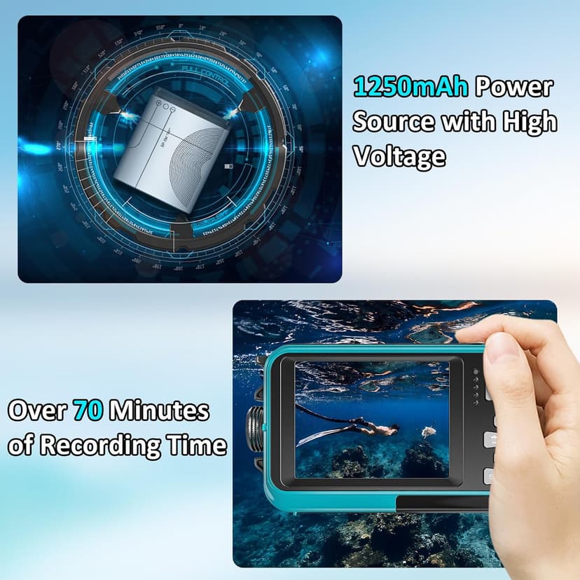 4K Underwater Camera 16FT Waterproof Camera with 32GB Card 64MP Autofocus Dual-Screen Selfie Underwater Camera for Snorkeling Waterproof Compact Floatable Digital Camera 1250mAh Battery Type-C (Blue)