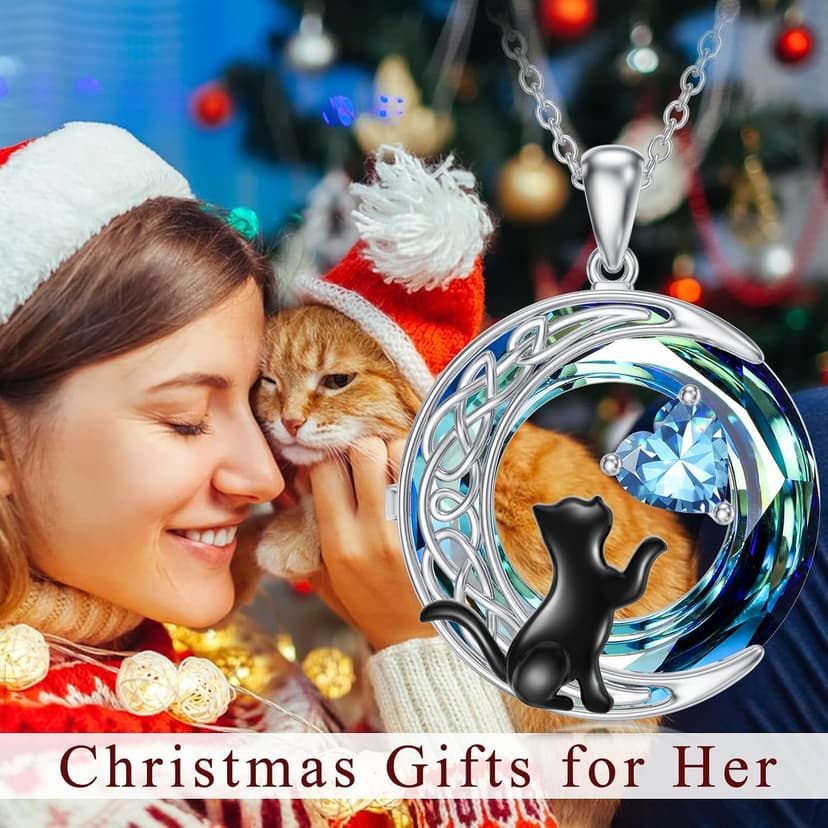 TOUPOP Cat Gifts for Cats Lovers 925 Sterling Silver Black Cat Necklace Celtic Moon Birthstone Jewelry for Women Anniversary Birthday Gift for Her Wife Mom B0DMF7SK9C