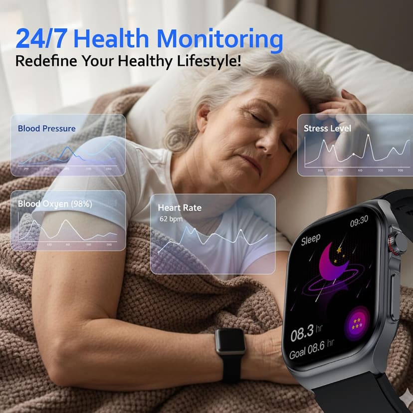 Health Smart Watches for Men Women - 1.87'' Large Display Fitness Trackers Watch with Heart Rate, Blood Pressure, Blood Oxygen, Sleep & Stress Track, 110+ Sports Modes, IP68 Waterproof Watch,Black
