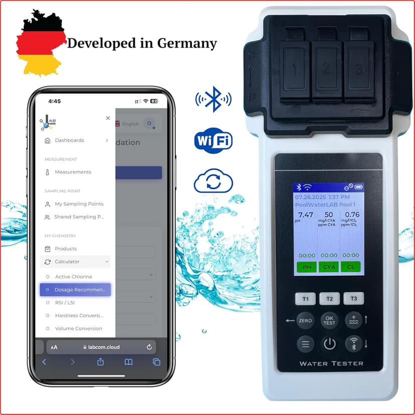 Digital Pool Water Tester Photometer – Accurate Water Analyzer for Pools, Spas & Hot Tubs – Tests 27 Parameters – Bluetooth/WiFi – App for pH, Chlorine, Alkalinity & More