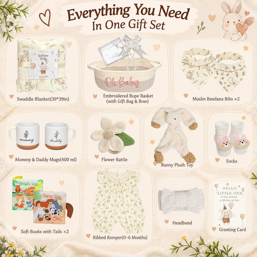 Baby Shower Gifts Set with a 0–6M Romper,39-Inch Swaddle,Sensory Books,Bunny Toy,Parent Mugs & Gift Basket Baby Girl Gift Basket,Newborn Baby Girl & New Parents Gift,New Mom Gifts B0H7WPNR2K