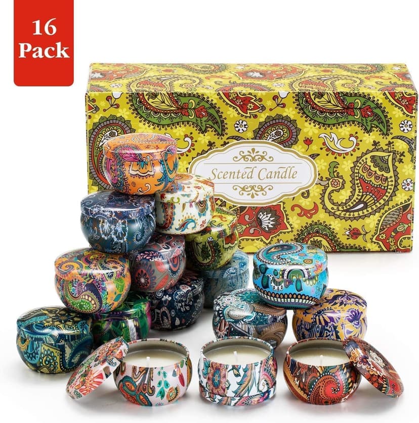 Scented Candles Gift Set, Natural Soy Wax Portable Travel Tin with Strongly Fragrance Essential Oils for Stress Relief and Aromatherapy - 16 Pack