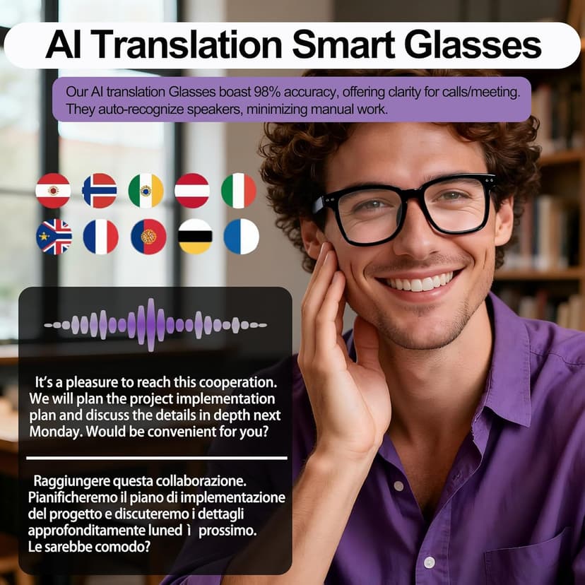 AI Smart Wireless Bluetooth Translation Glasses for Men/Women with Speakers/Bluetooth&140+ Languages Translation Sports/Travel/Drive/Busniess (C1+AI+Color Change Lenses+Black)