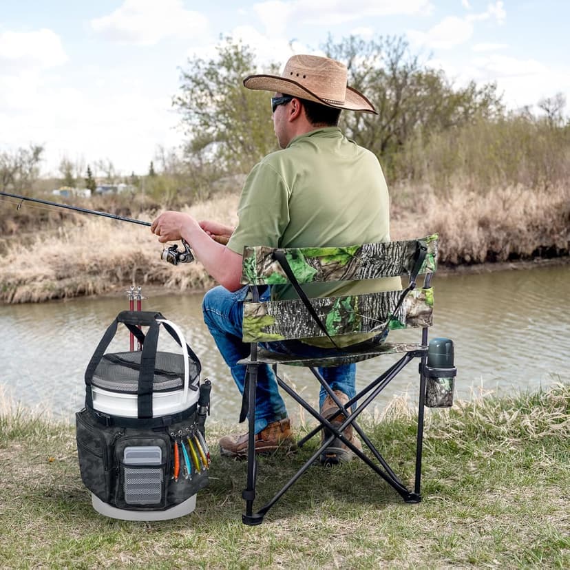 WTVIDAS Fishing Bucket Organizer with Bucket Cover, Ice Fishing Tackle Bag with Rod & Plier Holder, Multi-Pockets for 5 Gallon Bucket Fishing Gear & Accessories