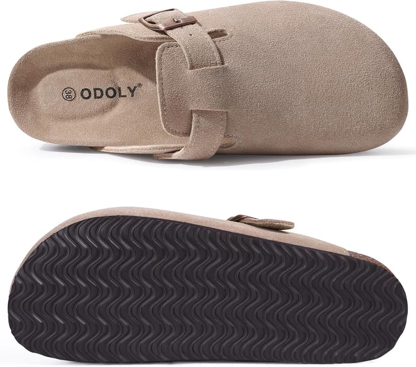 ODOLY Genuine Suede Clogs for Women Men Soft Cork Footbed Leather Mules Comfort Potato Shoes with Arch Support
