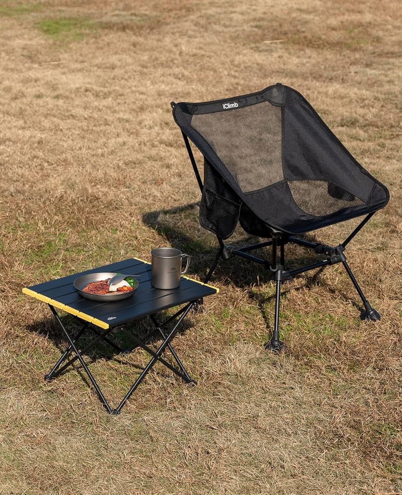 iClimb Ultralight Compact Camping Folding Beach Chair with Anti-Sinking Large Feet and Back Support Webbing (Black - Square Frame)