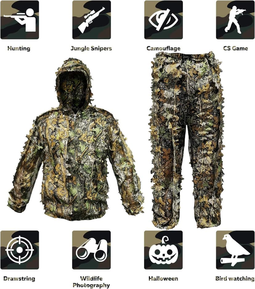 Ghillie Suit Outdoor Leafy Suit for Hunting Super Lightweight Hooded Camouflage Including Clothes Gloves Face Mask and Bag