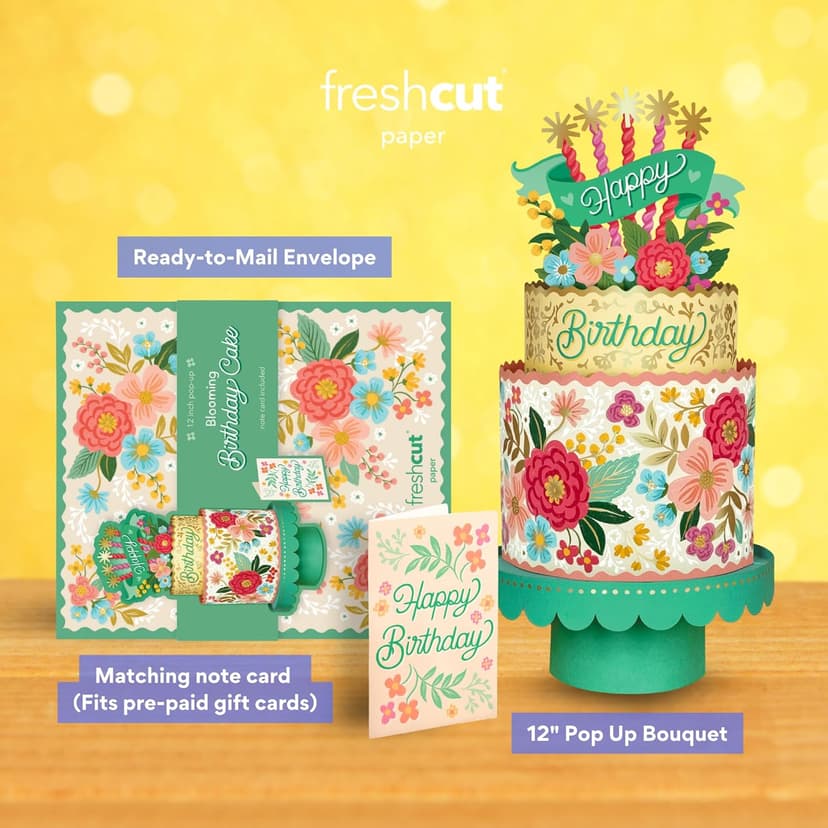 Freshcut Paper Pop Up Birthday Card for Women, Blooming Birthday Cake, 12 Inch Life Sized Tiered Cake, 3D Popup Greeting Cards with Blank Notecard & Envelope