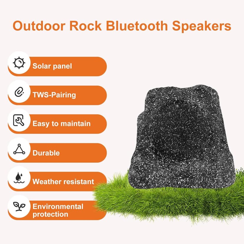 STUDIOFINIX 6.5" Rock Speakers Outdoor Waterproof - 5.3 Bluetooth Wireless Speaker Solar Powered Max Peak 200W for Garden,Patio,Deck,Pool,Backyard (Gray 1 Pair)