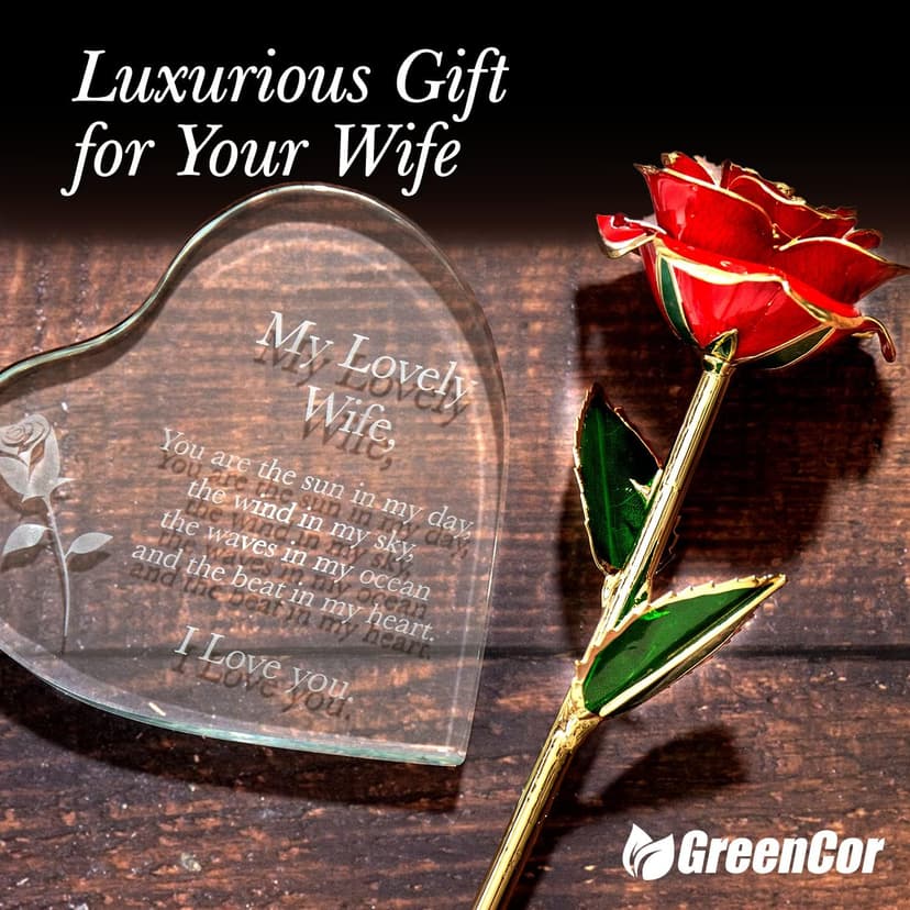 Anniversary for Wife Engraved Wooden Gift Set 'To My Beautiful Wife' Includes Crystal Engraved Heart 24K Gold Dipped Rose for Birthday Gifts