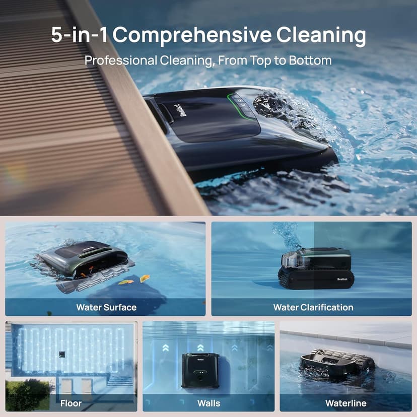 Beatbot AquaSense 2 Pro Cordless Robotic Pool Cleaner, Unmatched 5-in-1 Cleaning, Surface Parking, Skimmer with APP Control, Water Clarification, for Pools up to 3,875 Sq.ft – Obsidian