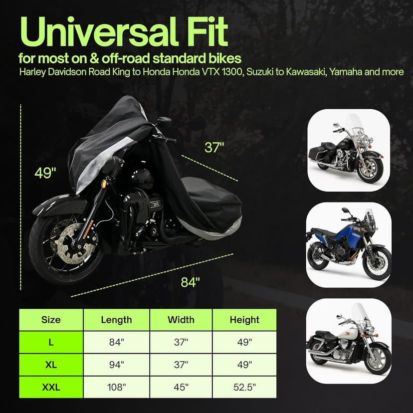 Light Weight Motorcycle Cover (L) with Cable & Lock. Fits up to 84" Length Sport Bike, Dirt Bike, Small Cruiser.