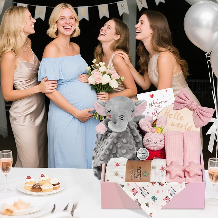 Newborn Baby Girl Gift, 9 Pcs Baby Gifts for Girls Newborn Essentials, New Baby Girl Gift Basket Baby Shower Gender Reveal Gifts, New Mom Gift Swaddle Blanket Bunny Rattle Gift Set