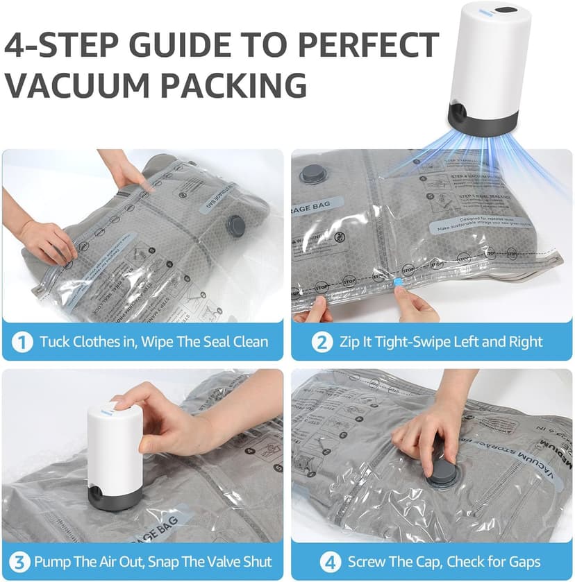 Vacuum Bags for Travel with Rechargeable Pump, 3 Sizes Vacuum Seal Bags for Clothing, Compression Vacuum Travel Bags for Luggage, Vacuum Packing Bags for Closet Organization (15 Combo Travel Size)