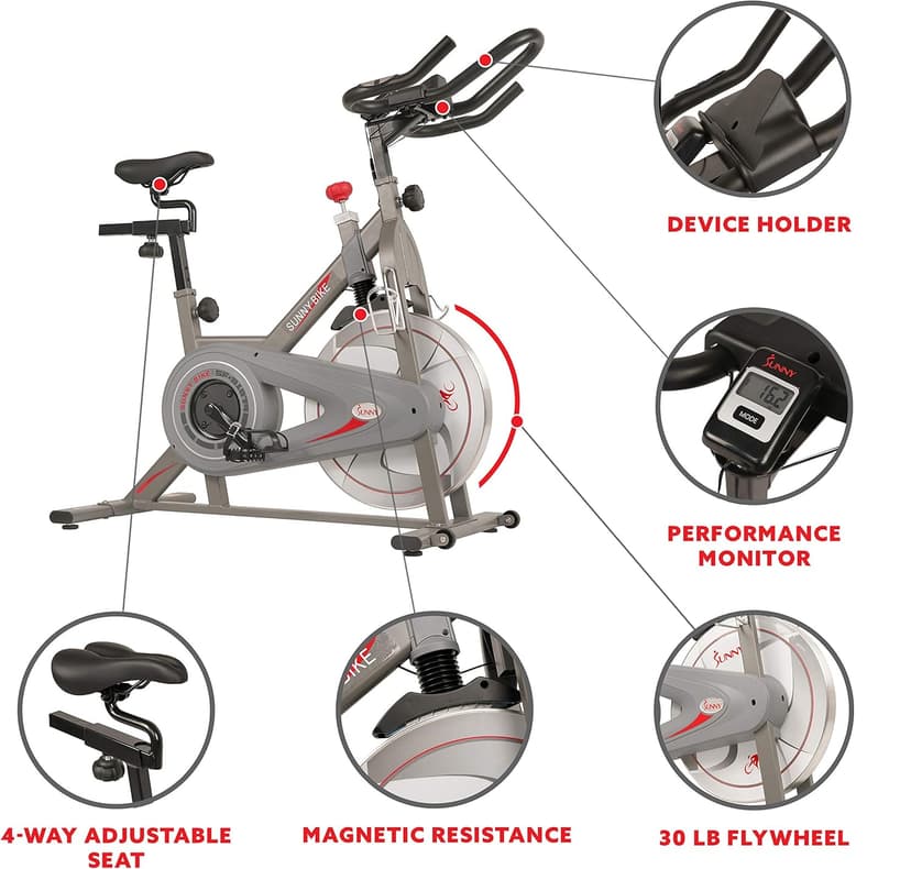 Sunny Health & Fitness Indoor Cycling Exercise Bike w/Pulse Sensors & 4-Way Adjustable Seat, Stationary Home Cardio Training Machine w/Micro-Adjustable Magnetic Resistance for Intensive Cardio Session