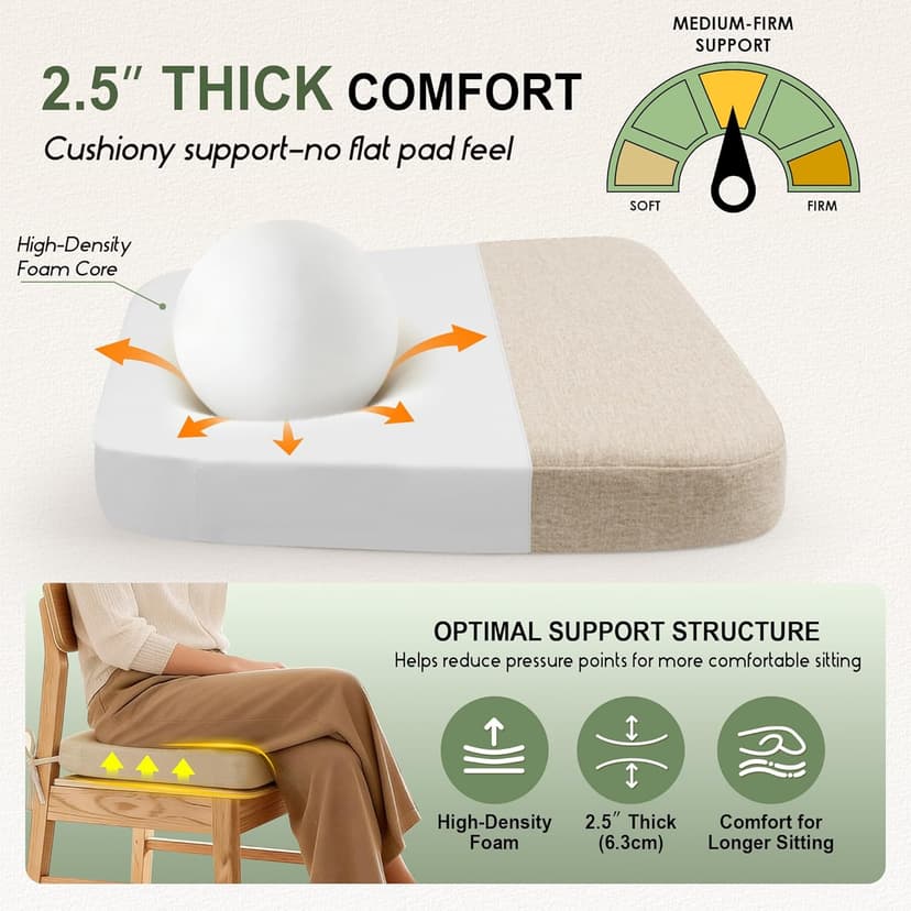 kingphenix Dining Chair Cushions Set of 4, 2.5 inch Thick Kitchen Chair Pads with Ties, Non Slip Bottom, Removable Washable Cover, 17” x 16”, Beige