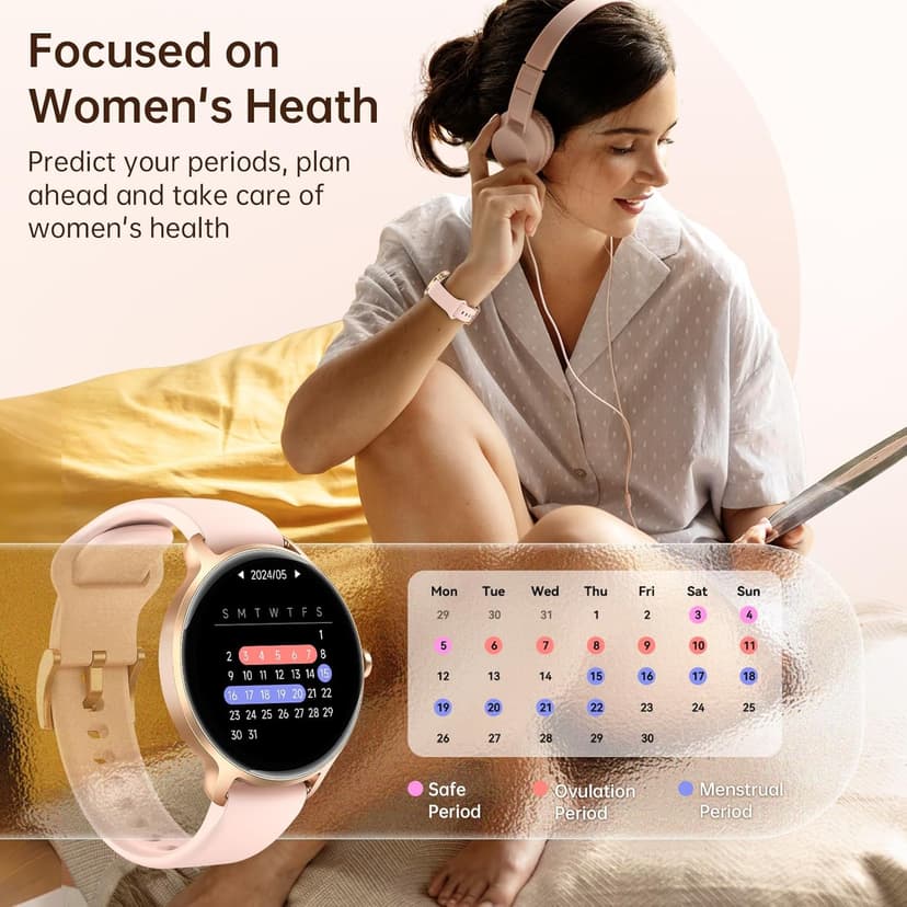 Smart Watch for Women, 1.27" AMOLED Screen Smartwatch with Answer/Make Call for iPhone/Android/Samsung, Fitness Tracker with 120+ Sport Modes, Heart Rate/Sleep/Health Monitor, IP68 Waterproof, 2 Bands