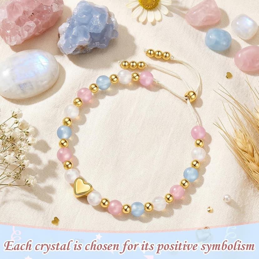Natural Healing Crystal Bracelets, Aquamarine Moonstone Rose/Clear Quartz Adjustable Beaded Bracelet, Gifts For Teen Girls Sereney Birthday Gifts for Girls, 9-18 Year Old Birthday Crystal Bracelets B0GS1K1FNR