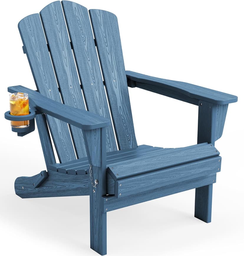 KINGYES Folding Adirondack Chair, HDPE All-Weather Patio Chairs with Cup Holder, Wooden Textured Fire Pit Chairs Recliner for Poolside, Backyard, Deck, Navy