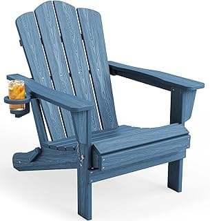 KINGYES Folding Adirondack Chair, HDPE All-Weather Patio Chairs with Cup Holder, Wooden Textured Fire Pit Chairs Recliner for Poolside, Backyard, Deck, Navy