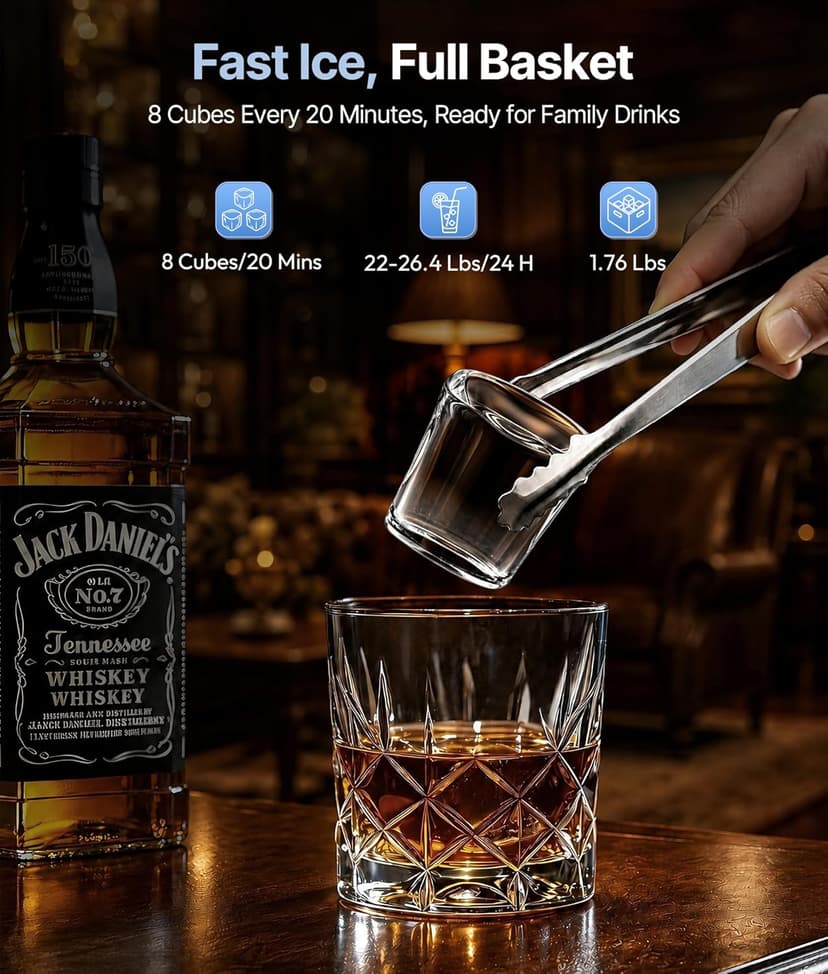Clear Ice Cube Maker, 8 Crystal 1.2" Large Cubes in 20 Mins, Slow-Melting for Whiskey, 24H Timer, Self-Cleaning & Adjustable Thickness for Home Bar, Kitchen, Party