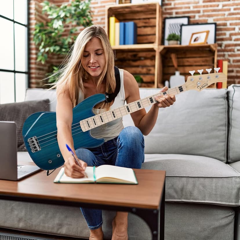 GLARRY GP Series Full Size Electric Bass Guitar 4 String Beginner Kit Canadian Maple Fingerboard with Cable, Strap, Bag and Accessories(Blue)