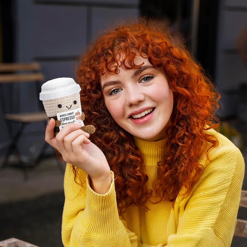 Funny Positive Coffee, Emotional Crochet Doll, Cute Crochet Potato Partner Toy with Positive Card Cheer Up Funny Gag Gifts for Best Friend Birthday Women Teacher Fall（Coffee B0DW8XPF2P