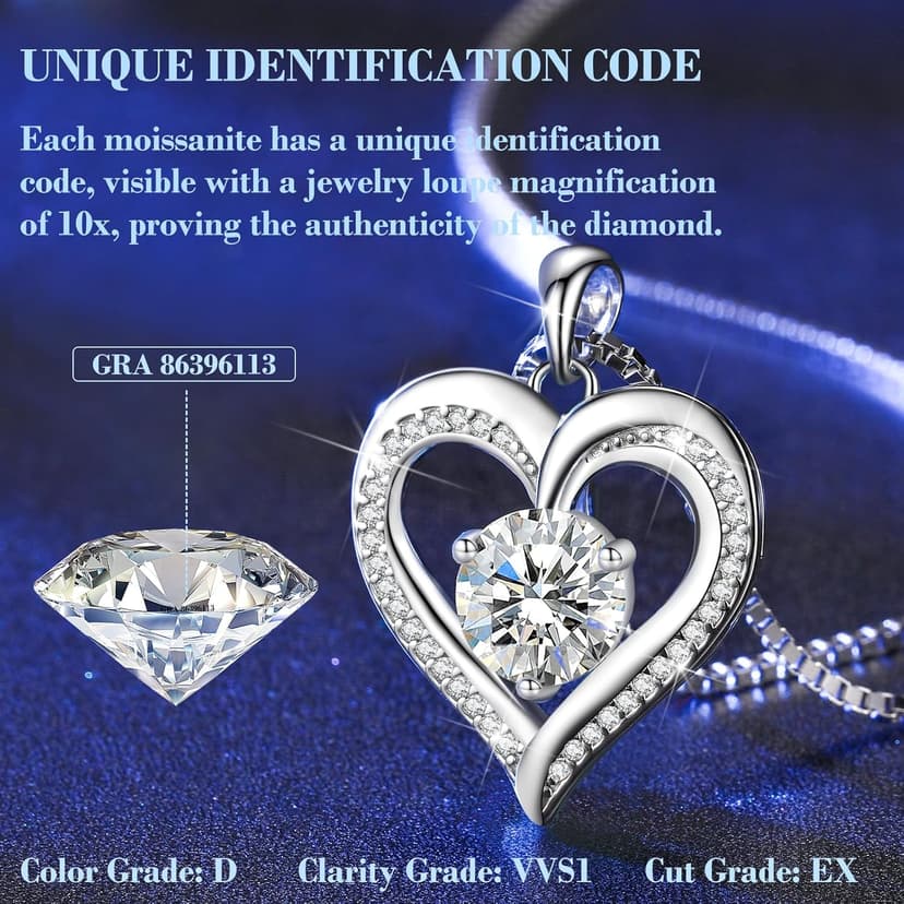 Moissanite Heart Necklaces for Women, 1-3 Carat Moissanite 925 Sterling Silver Necklace, Anniversary Present for Women, Birthday Gifts for Wife, Jewelry Gifts for Christmas, Valentine's Day