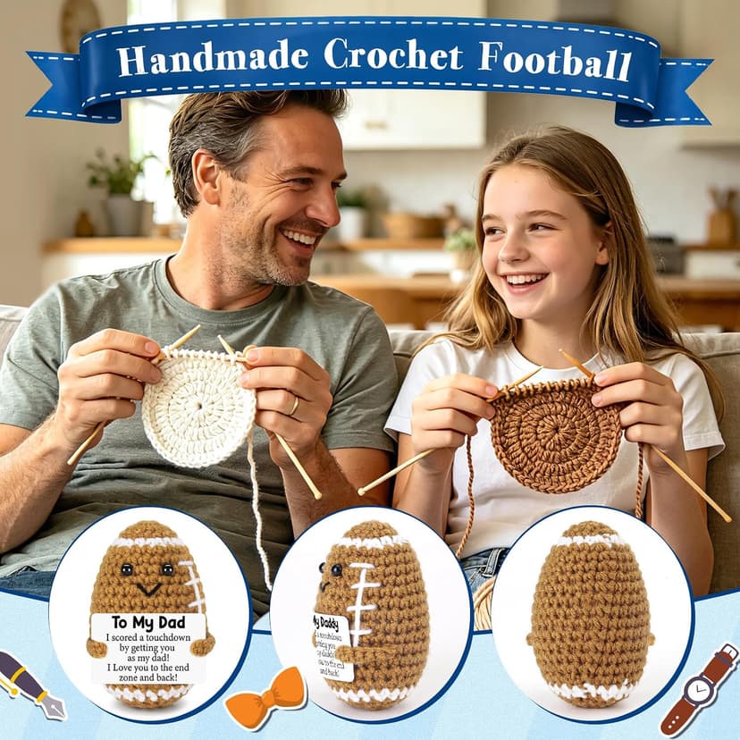 Dad Gifts from Daughter Son Wife, Positive Handmade Crochet Dad Birthday Gift, Funny Cute Small Gifts for Dads, I Love You Girl Papa Gift Idea, Unique Doll for Step-Dads Football