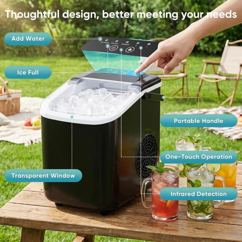 DUMOS Ice Maker Countertop, Ice Machine with Portable Handle, Basket and Scoop, 26lbs Daily, 9 Bullet Cubes in 6~8 Mins, Auto-Cleaning for Home, Kitchen, Office, Outdoors, RV Camping