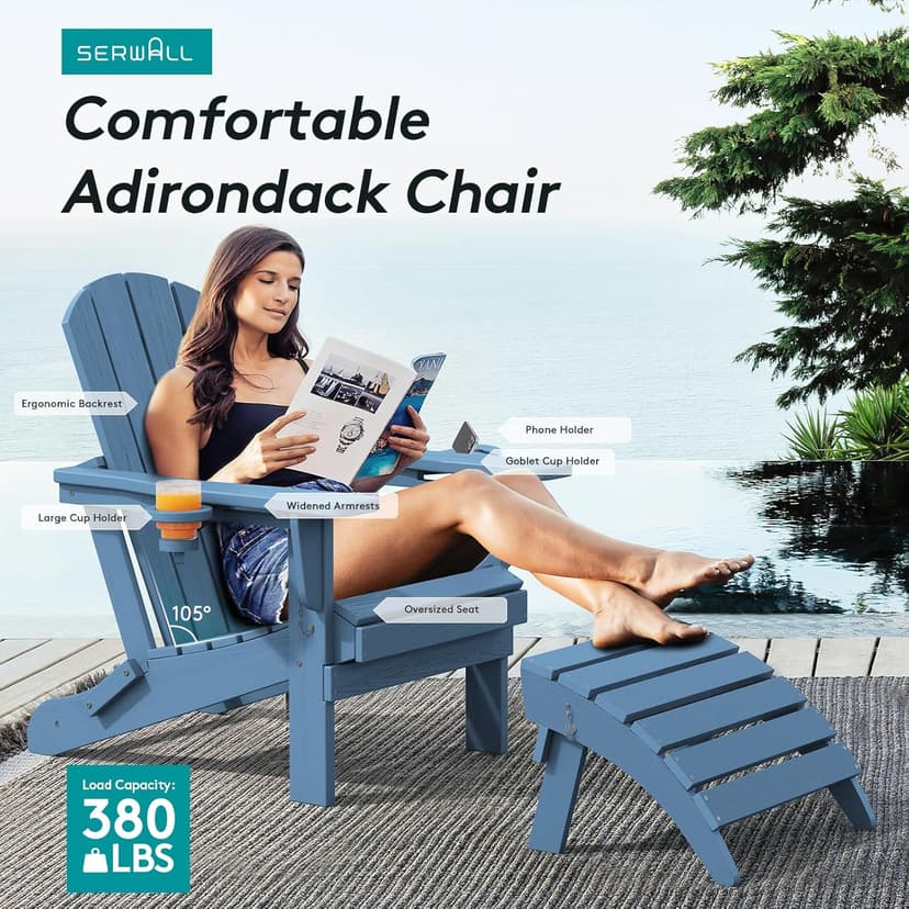 SERWALL Folding Adirondack Chair, HDPE Adirondack Chairs Set of 2, Plastic Outdoor Chairs- Looks Exactly Like Real Wood- Navy