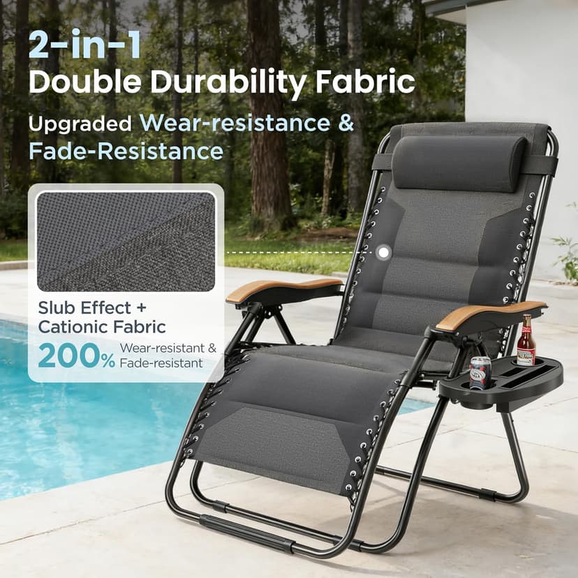PHI VILLA XXL Oversized Padded Zero Gravity Chair, Foldable Patio Recliner, 30" Wide Seat Anti Gravity Lounger with Cup Holder, Support 400 LBS (Light Gray)