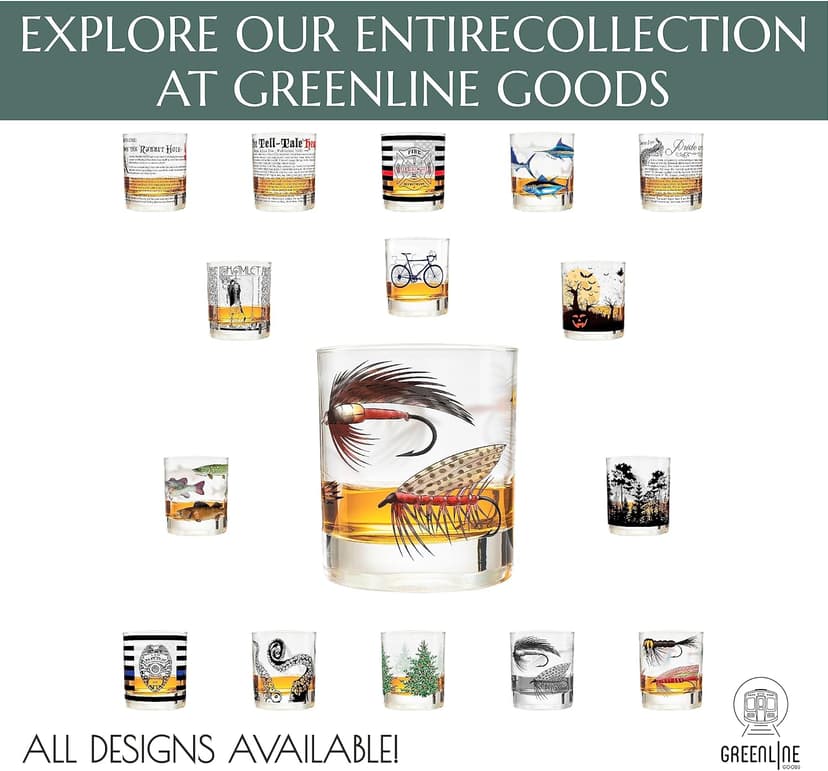 Greenline Goods – Fly Fishing Glass Set for Fisherman and Outdoorsman – Fly Lures Themed 10 oz Whiskey Drinking Glass Set of 2