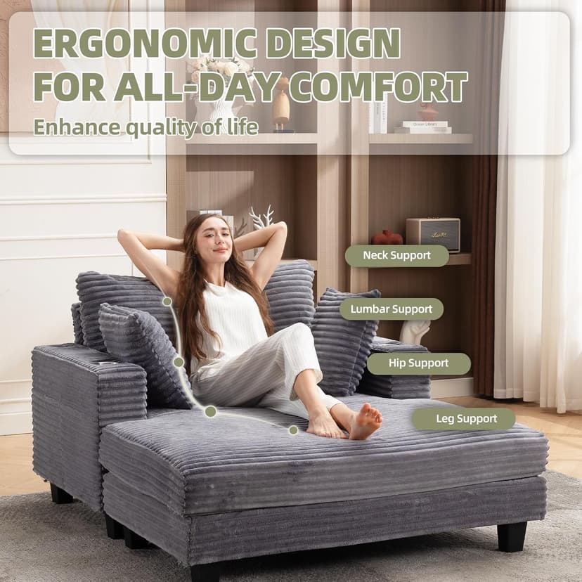 60'' Oversized Chaise Lounge Chair Indoor, Corduroy Upholstered Lounge Sofa with Wood Frame, Comfy Lounge Chaise with Pillows and Cup Holder, Deep Seat Lounge Chair for Living Room Bedroom