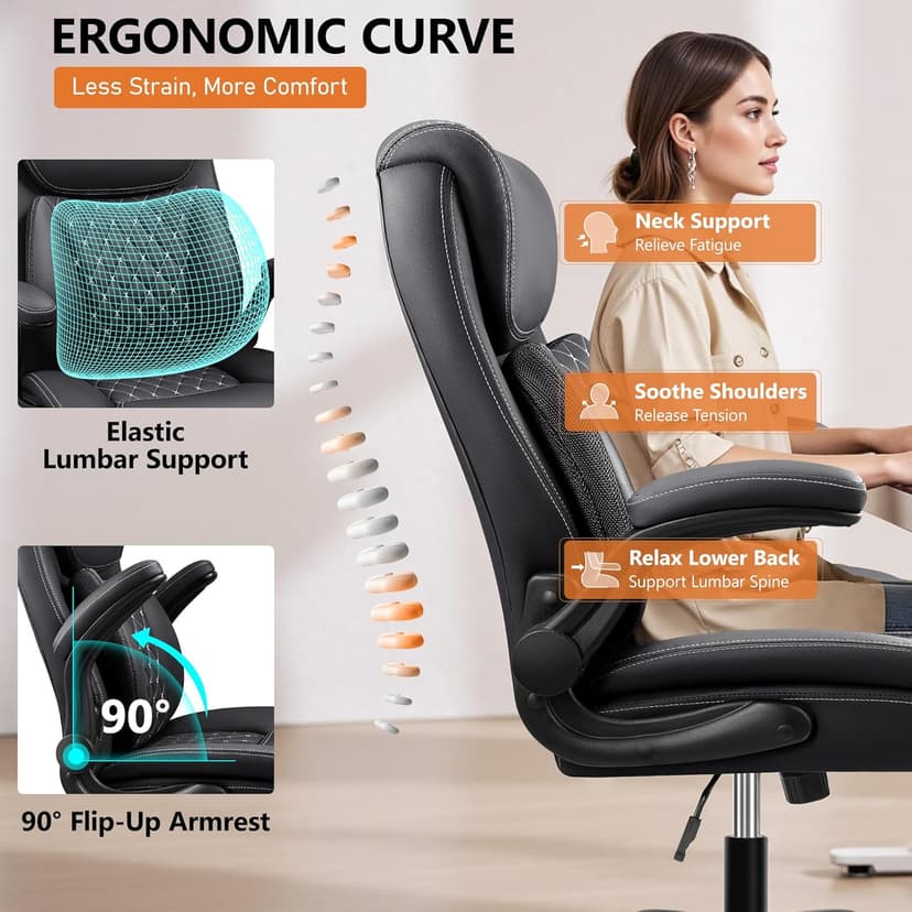 BESTFAIR Office Chair, Ergonomic Computer Desk Chairs with Lumbar Support for Lower Back Pain Relief, Executive Leather Home Chair Comfy with Padded Flip-up Armrests, Black