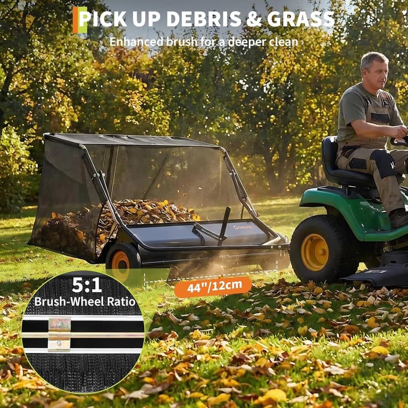 44 Inch Tow Behind Lawn Sweeper, 26 cu. ft. Large Pull Behind Grass Sweeper Heavy Duty Leaf & Grass Collector with Dumping Rope Design, Adjustable Sweeping Height for Yard and Grass Cleanup Tool