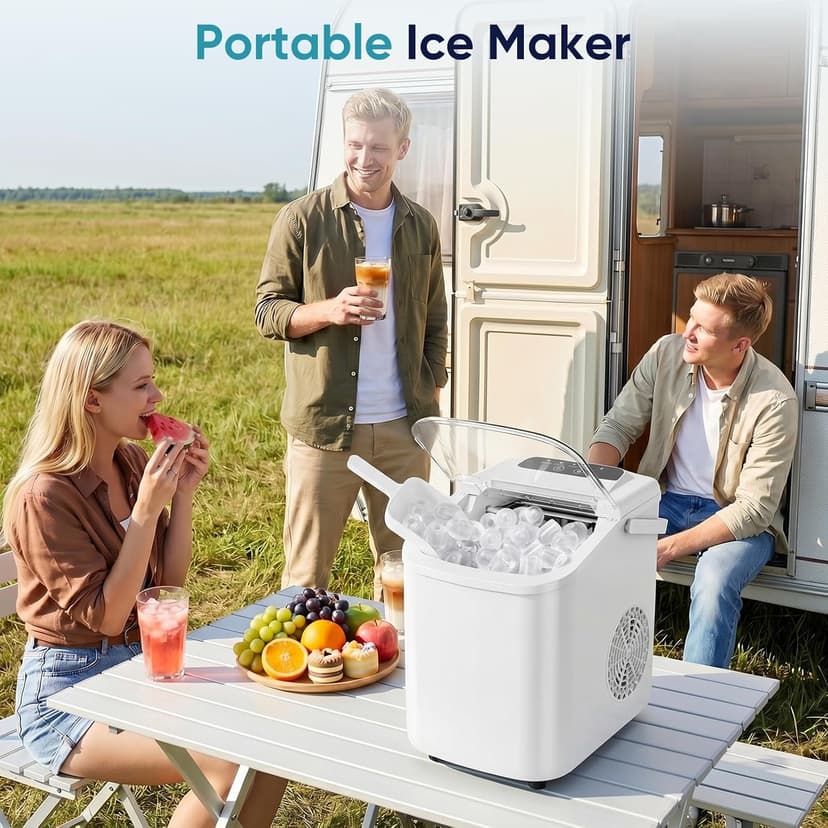 DUMOS Ice Maker Countertop, Ice Machine with Portable Handle, Basket and Scoop, 26lbs Daily, 9 Bullet Cubes in 6~8 Mins, Auto-Cleaning for Home, Kitchen, Office, Outdoors, RV Camping
