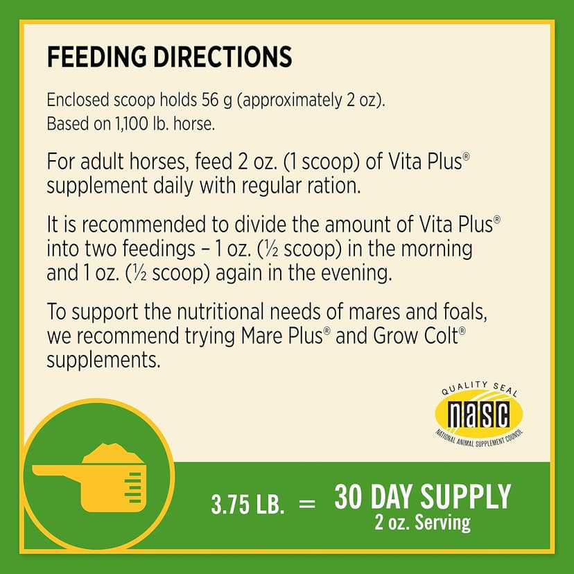 Farnam Vita Plus Balanced Multi-Vitamin & Mineral Horse Supplement, Provides Balanced Nutrition to Support Overall Health and Performance, 3.75 pounds, 30 Day Supply