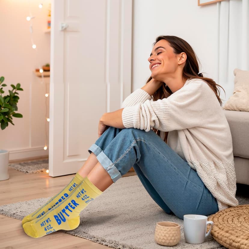 VELENTI Butter Socks – Funny Food Novelty Crew Socks for Women 5–10 & Men 4.5–8.5 | Soft Cotton Blend | Unique Gift for Chefs B0FX389337