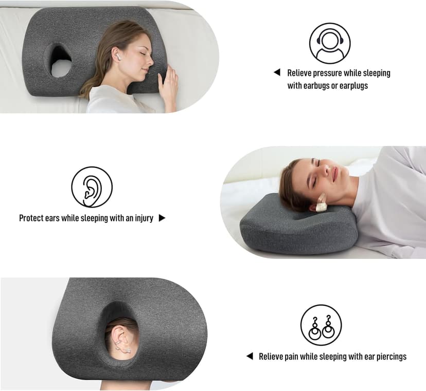 strusery Memory Foam Ear Pillow with Hole - for Side Sleepers, Ear Pain Relief & Piercing Aftercare (CNH Pillow), Comfortable for Earplugs & Headphones