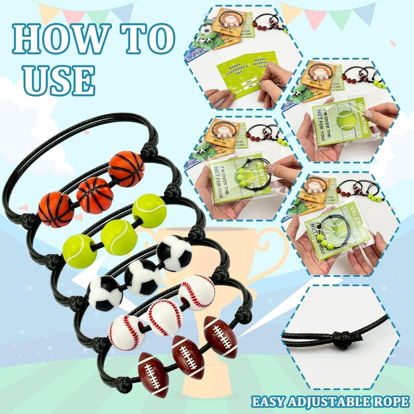 Sports Bracelet Valentines Day Gifts for Kids School Classroom,30 Pack Adjustable Bracelets w/ Cards for Toddler Boy Girl,Valentine Non Candy Treats Party Favor Goodie Bag Stuffers Prizes for Class