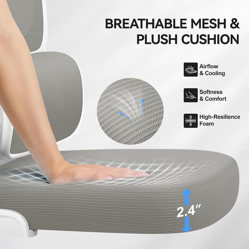 ALLGOD Ergonomic Office Chair, Mesh Desk Chair with Lumbar Support, High Back Home Office Chair with Adjustable Headrest and Flip-Up Arms, Comfortable Computer Chair, Thick Cushion, 300 LBS, LightGray