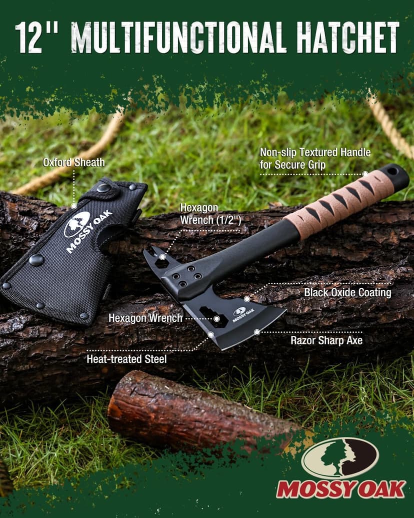 MOSSY OAK 12" Camping Axe and Survival Hatchet with Sheath, Compact Outdoor Multitool Hatchet with Hex Wrench Slots, Non-Slip Dual-Color Handle, Small Camping Gear for Hiking, Chopping, Hunting