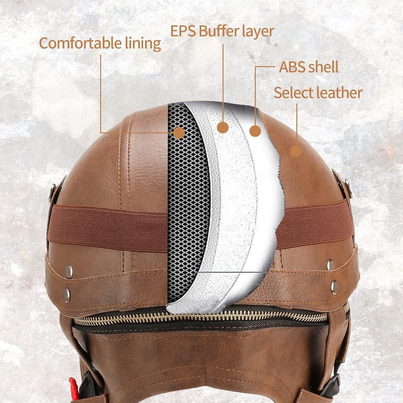 German Style Leather Motorcycle Half Helmet for Adults Men Women, DOT Approved Vintage Cap Half Face Shell Motorcycle Helmets for Cruiser Chopper+Goggles