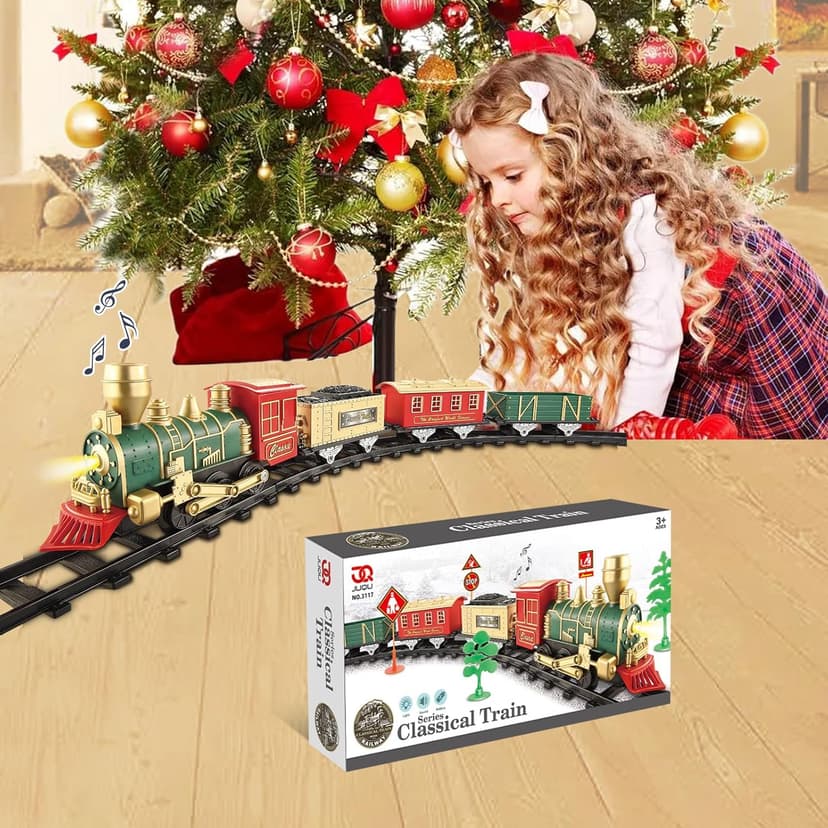 JQ JUQU Electric Train Set for Kids Ages 3-8, Battery Operated Toy Train with Lights and Sounds, 3 Cars and 10 Tracks for Christmas and Year Round Play