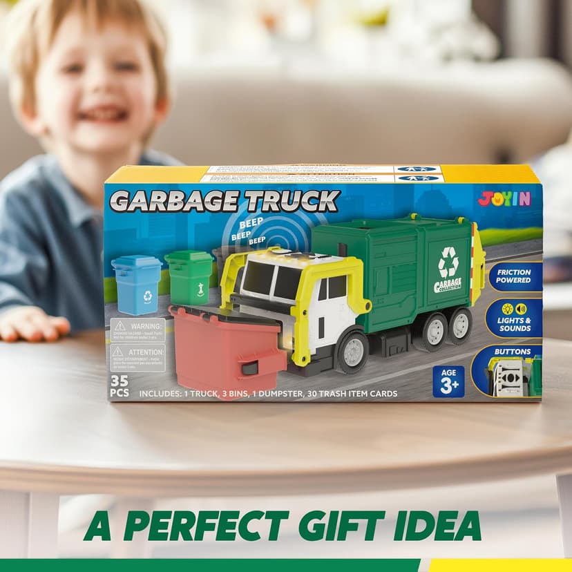 JOYIN Large Friction Powered Garbage Truck Toy Set, Includes 1 Dumpster, 3 Trash Bins, and 30 Learning Cards for Kids, Boy Toys Birthday Gift, Green B095XJDJ8V