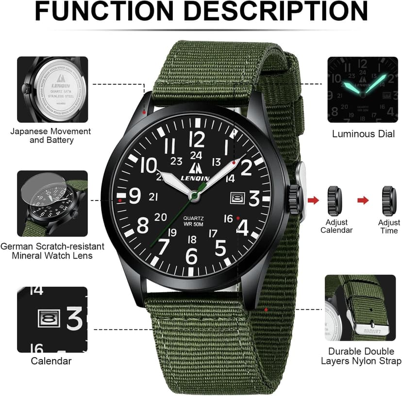 LN LENQIN Mens Watches Unisex Military Sport Nylon Strap Stylish Luminous Fashion Analog Quartz Watch for Men Waterproof Army Tactical Casual Wristwatch