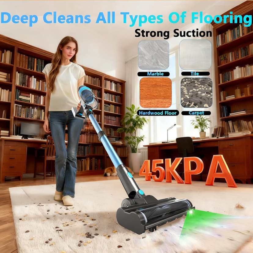Cordless Vacuum Cleaner, 45kPa 60Min Vacuum Cleaners For Home, Powerful Stick Vacuum Rechargeable With Green Light, Anti tangle Wall Mount, 8 in 1 Lightweight Vacuum For Hardwood Floor Pet Hair Carpet